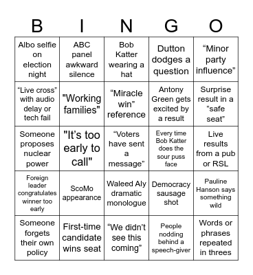 2025 Australian Federal Election Bingo Card