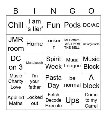 DC Year 13 Leavers' Bingo Card