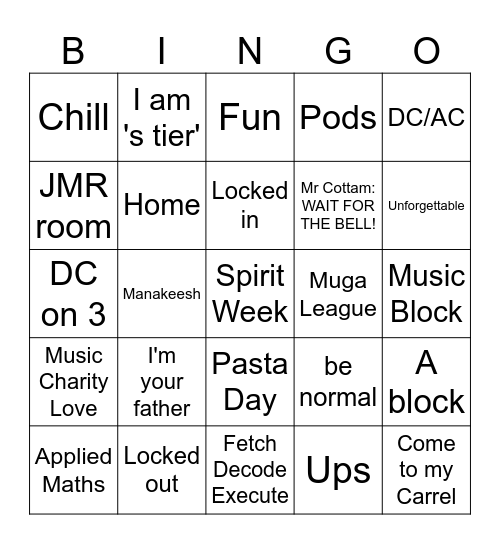 DC Year 13 Leavers' Bingo Card