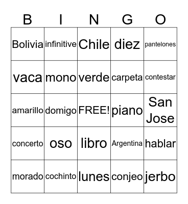 Spanish Review Bingo Card