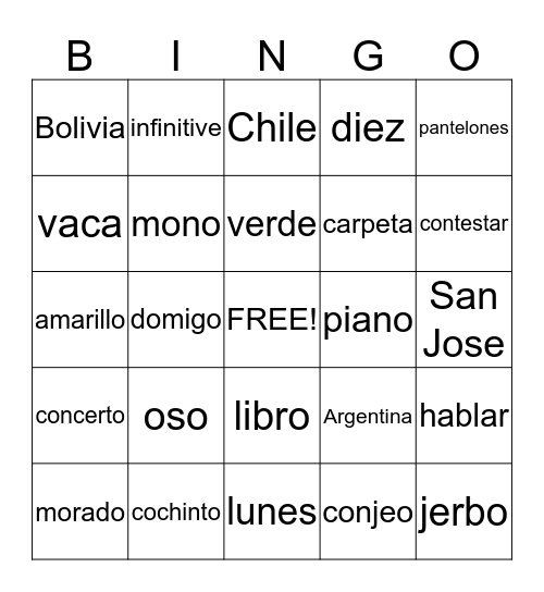 Spanish Review Bingo Card