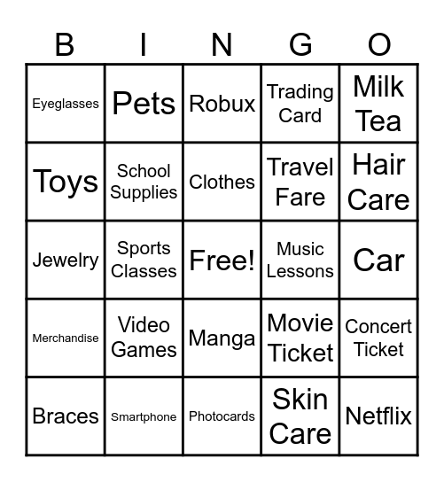 Shopping Bingo! Bingo Card