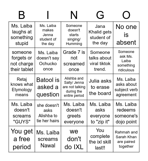 Grade 7- A Bingo 6/5/25 Bingo Card