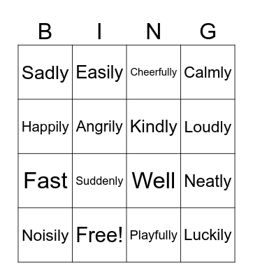 Adverbs Bingo Card