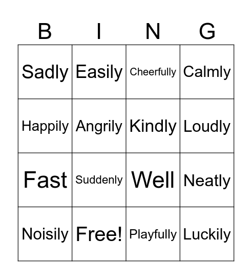 Adverbs Bingo Card