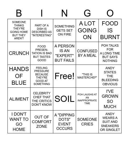 Masterchef Critics Bingo Card