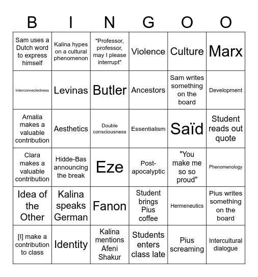 P&D lecture Bingo Card