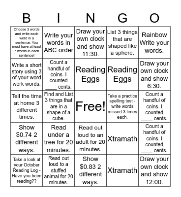 Homework for the weeks of October ____ and November _____ Bingo Card