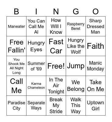 80s Pop Hits Bingo Card