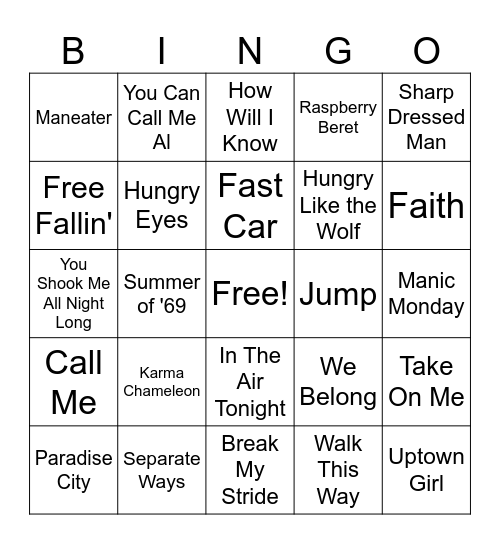 80s Pop Hits Bingo Card