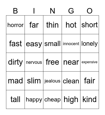 Adjective Bingo Card