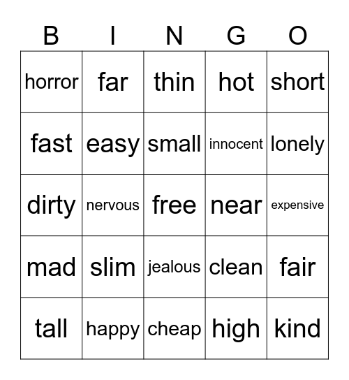 Adjective Bingo Card