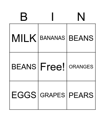 FOOD Bingo Card