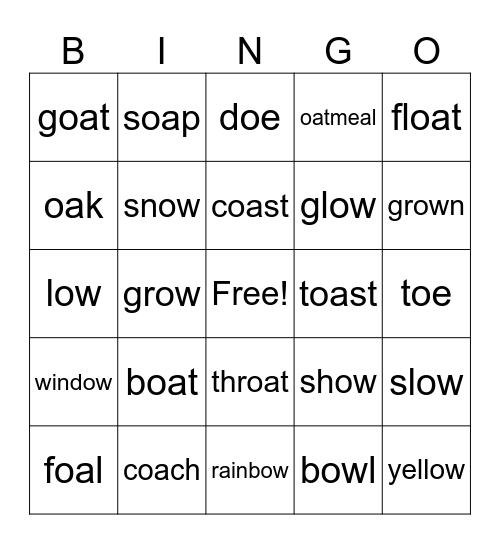 oa, ow and oe Bingo Card