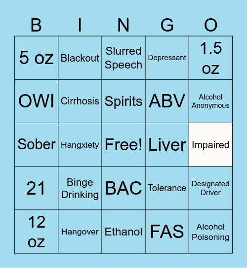 Alcohol Bingo Card