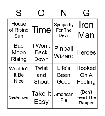 Classic Rock Bingo Card