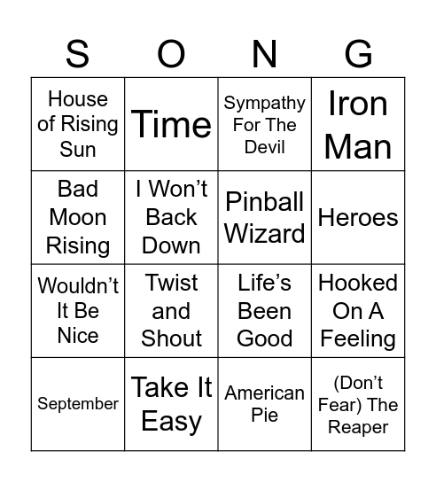 Classic Rock Bingo Card