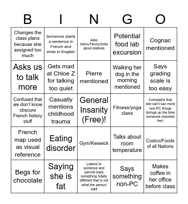 French Class Bingo Card
