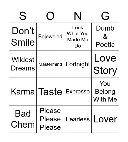 Taylor V Sabrina Bingo Card