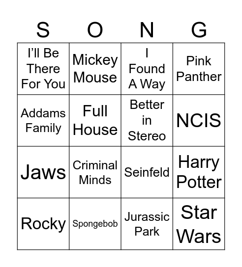 Theme Songs Bingo Card