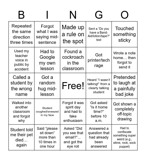 T.M.T. (Teachers, Mice, Toilets) Bingo Card