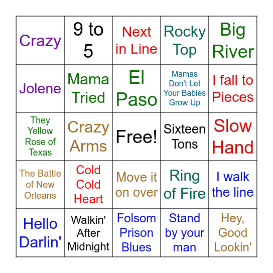 Country Music Bingo Card