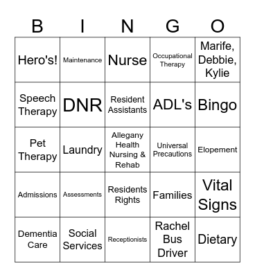 National Nursing Home Week Bingo Card