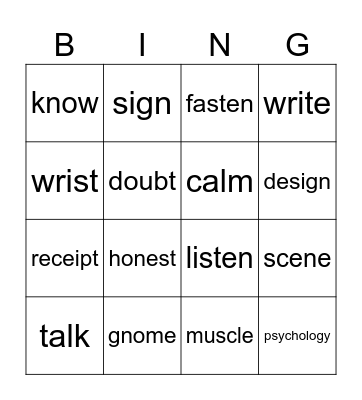 Silent letters Bingo Card