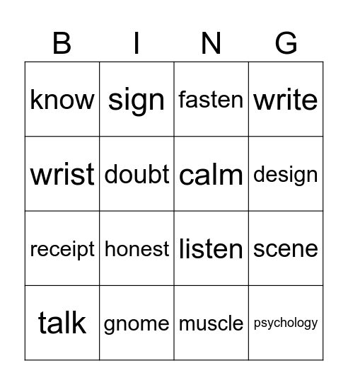 Silent letters Bingo Card