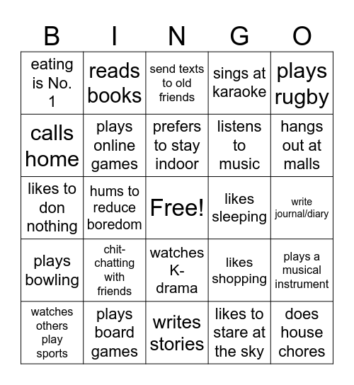 HOBBIES Bingo Card