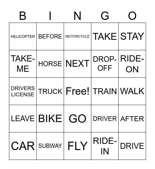 ASL 1: Transportation Bingo Card