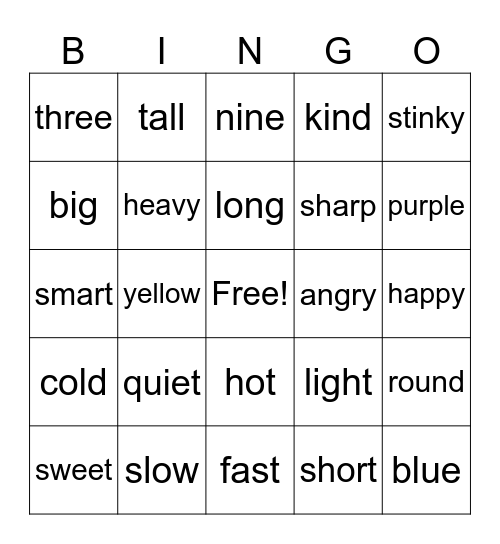 Adjectives Bingo Card