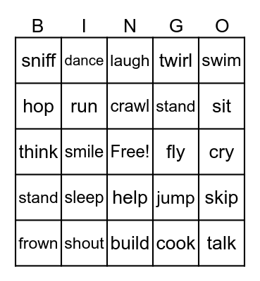 Verbs Bingo Card