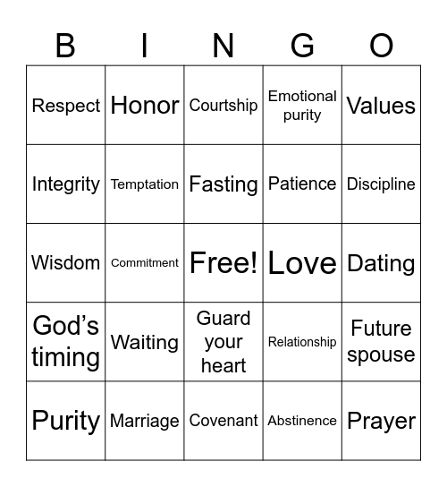Purity/Abstinence Until Marriage Bingo Card