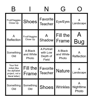 Photography BINGO! Bingo Card