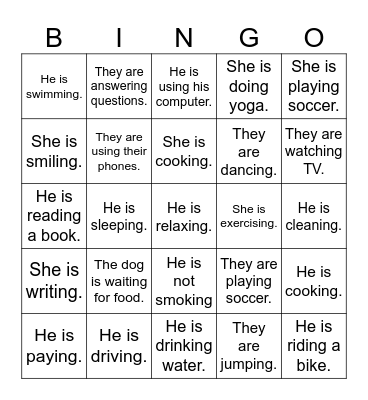 Present Progressive Bingo Card