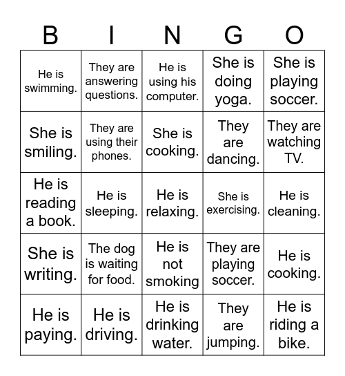 Present Progressive Bingo Card
