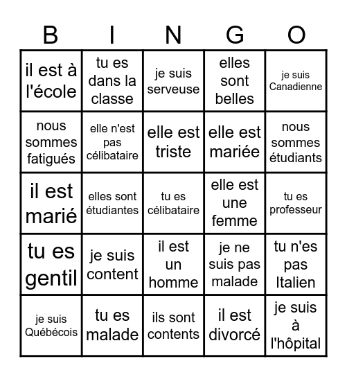 Verbe être au présent Bingo Card