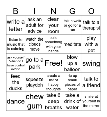 Coping Skills Bingo Card