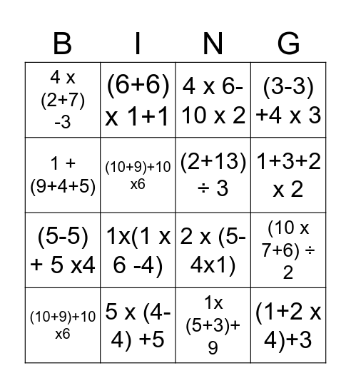 Order of Operations Bingo Card