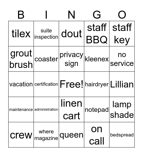 Housekeeping Bingo Card