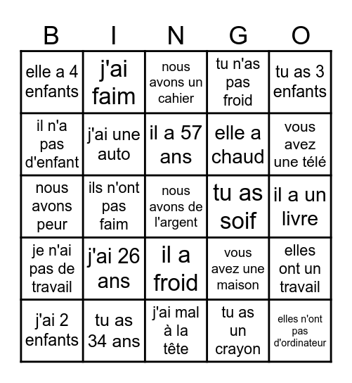 Verbe AVOIR au présent Bingo Card