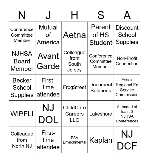 NJHSA Exhibitor Game Bingo Card