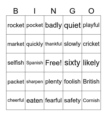 Suffix (endings) Bingo Card