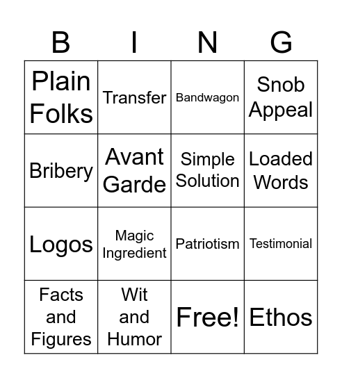 Ad Technique Bingo Card