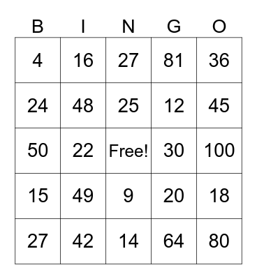 Multiplication Bingo Card