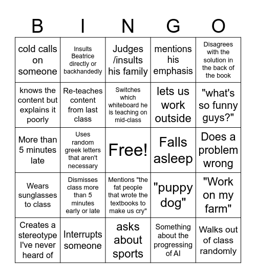Jim King 7th Period Bingo Card