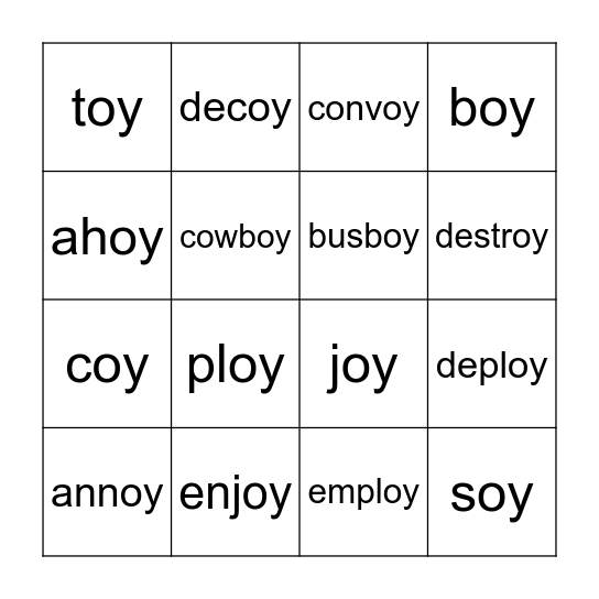 "oy" words Bingo Card