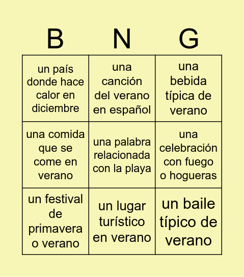 Primavera y verano Bingo Card