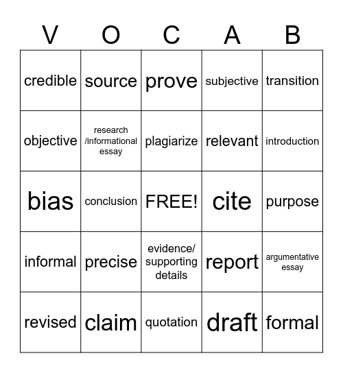 MAP TEST- ELA Bingo Card